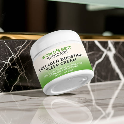 Collagen Boosting Sleep Cream from World's Best Supplements. A 2 oz tub featuring hydrating Hyaluronic Acid and relaxing Lavender Oil and Melatonin.