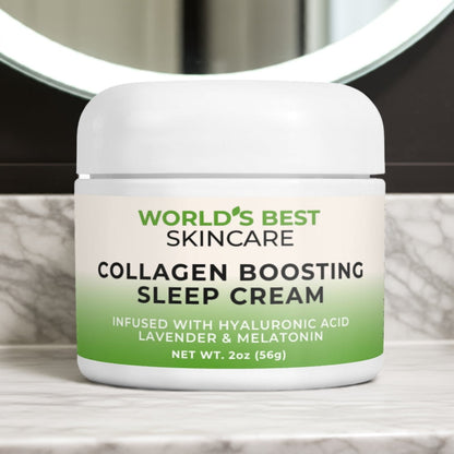 A 2 ounce container of Collagen Boosting Sleep Cream from World's Best Skincare, featuring Hyaluronic Acid, Lavender Oil, and Melatonin.