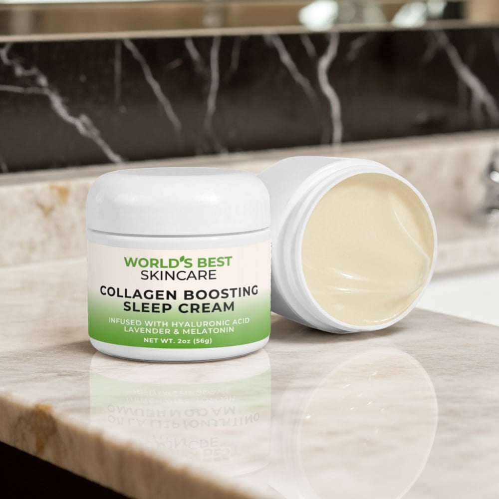 Two containers of Collagen Boosting Sleep Cream from World's Best Supplements.