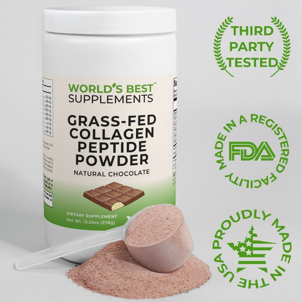 Grass-Fed Pasture-Raised Bovine Collagen Peptide Powder, real cocoa flavored, from World's Best Supplements.