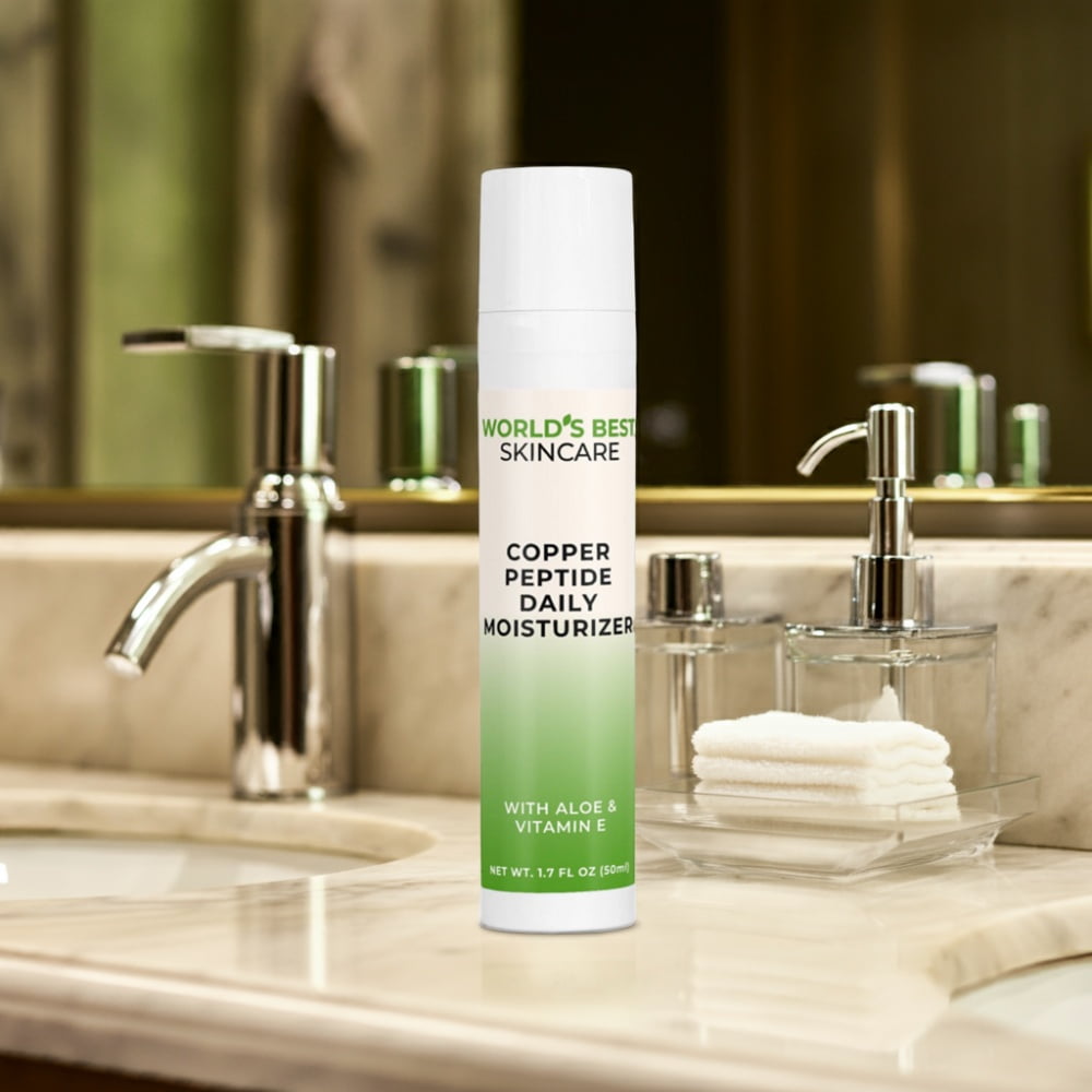 A 1.7oz bottle of Copper Peptide Daily Moisturizer from World's Best Supplements skincare line with Aloe Vera and Vitamin E.