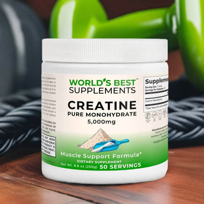 A tub of Creatine Pure Monohydrate 5000mg powder from World's Best Supplements.