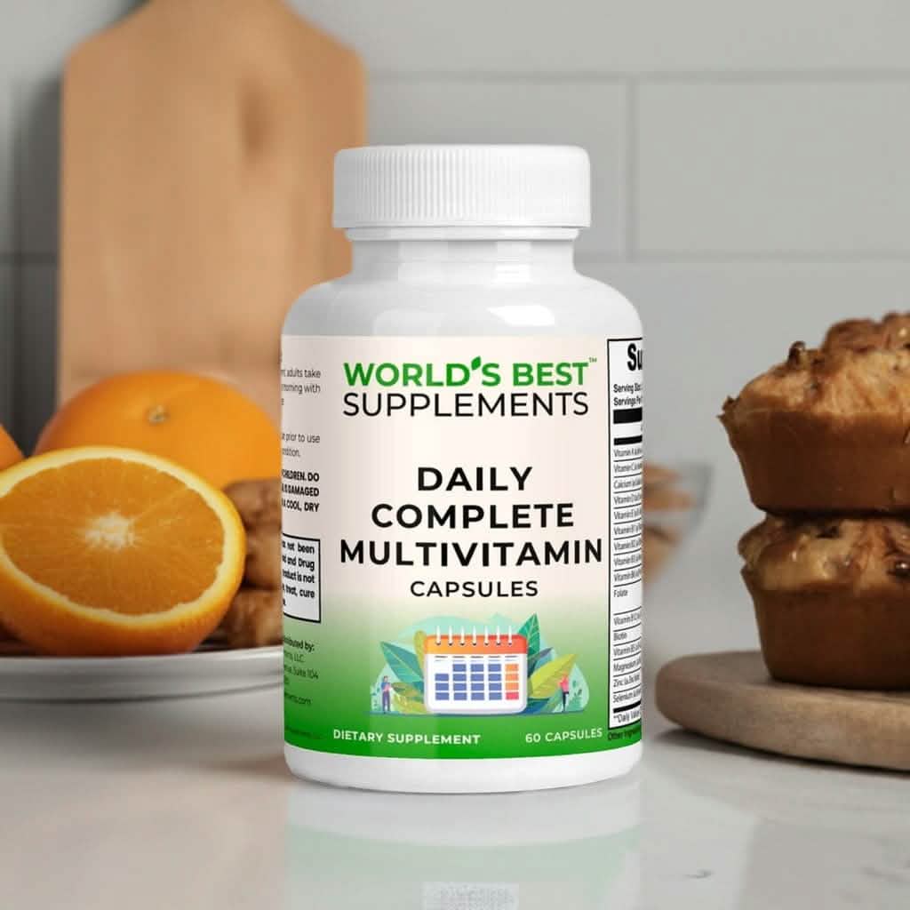 A bottle of Daily Complete Multivitamin containing 60 capsules from World's Best Supplements.