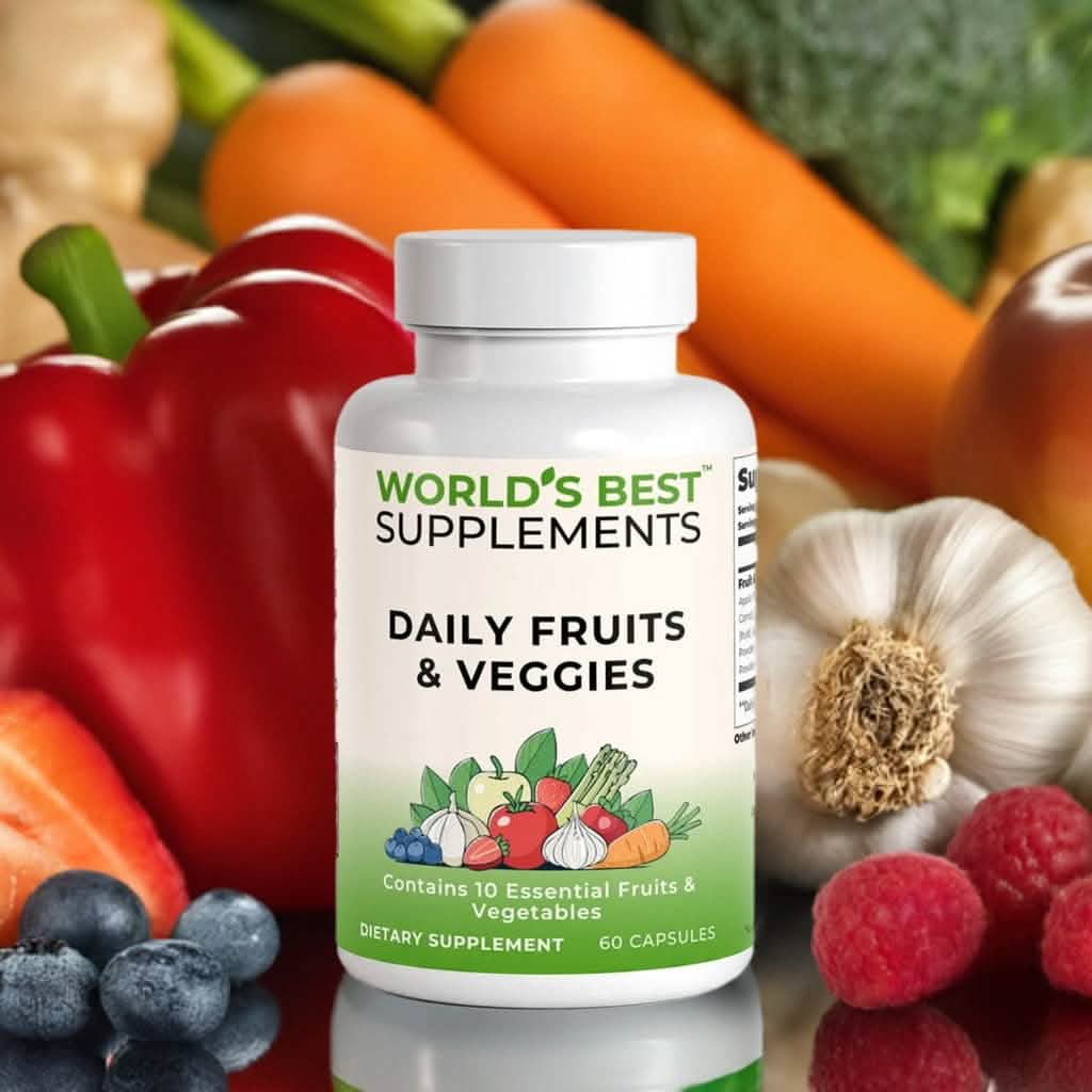 Daily Fruits & Veggies supplement with 60 capsules containing 10 essential all-natural fruits and vegetables from World's Best Supplements.