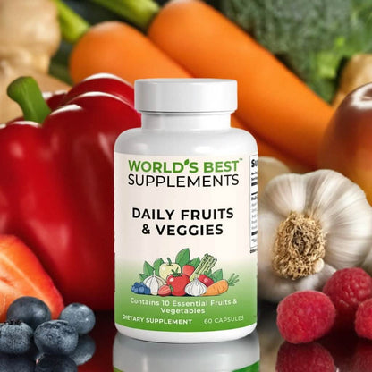 Daily Fruits & Veggies supplement with 60 capsules containing 10 essential all-natural fruits and vegetables from World's Best Supplements.