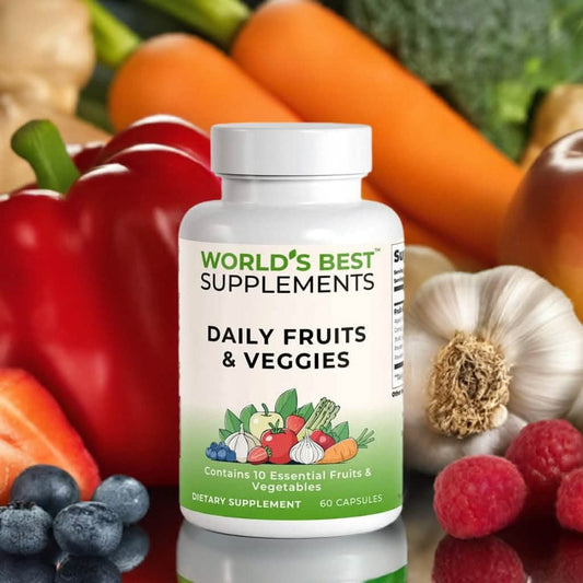 Daily Fruits & Veggies supplement with 60 capsules containing 10 essential all-natural fruits and vegetables from World's Best Supplements.
