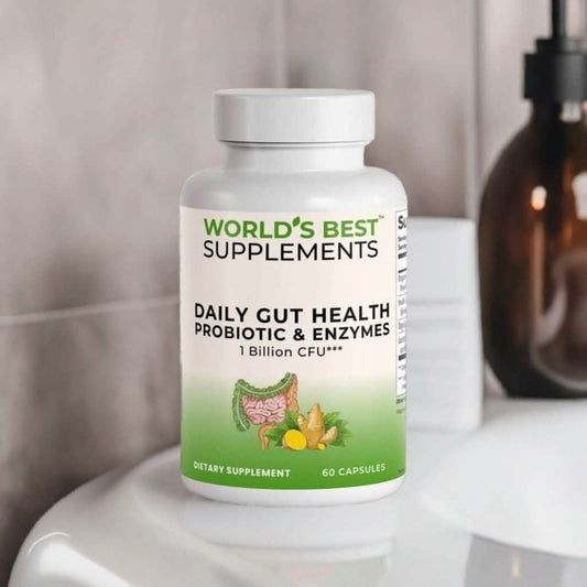 A 60 capsule bottle of Daily Gut Health Probiotic & Enzymes from World's Best Supplements featuring 1 Billion CFUs.