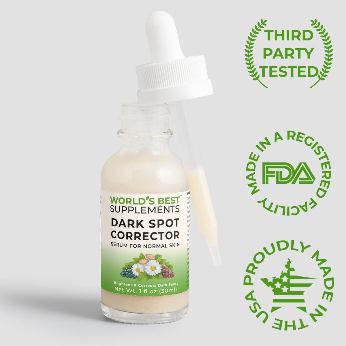 Dark Spot Corrector Serum for Normal Skin Types third party tested, made in the USA in a FDA registered facility.