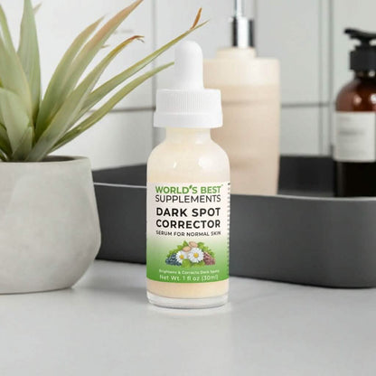 A bottle of Dark Spot Corrector Serum 1 ounce from World's Best Supplements formulated for Normal Skin types.