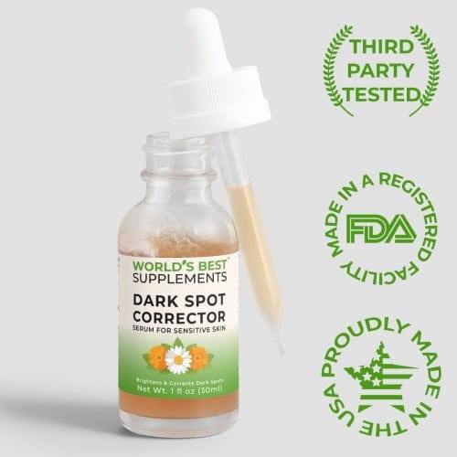 A bottle of Dark Spot Corrector Serum by World's Best Supplements with trust badges for Third-Party Tested, Made in a FDA-Registered Facility, and Proudly Made in the USA.