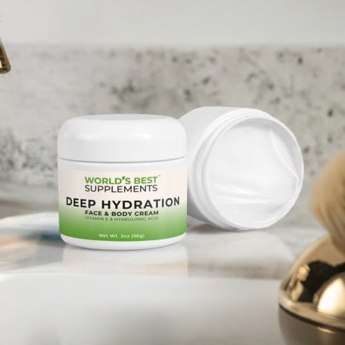 Two containers of Deep Hydration Face & Body Cream from World's Best Supplements. One with the lid off laying sideways and the other standing upright showing the front of the label.