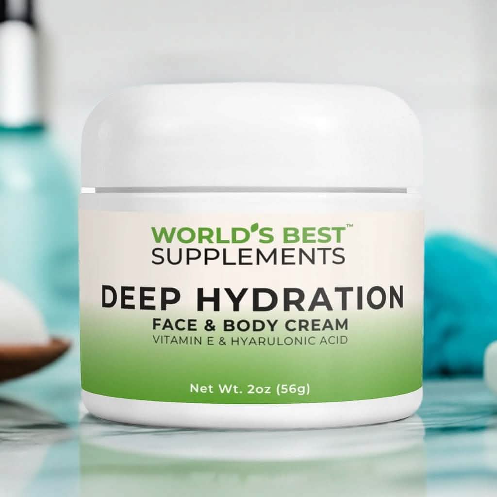 A container of Deep Hydration Face & Body Cream with Vitamin E and Hyaluronic Acid from World's Best Supplements.