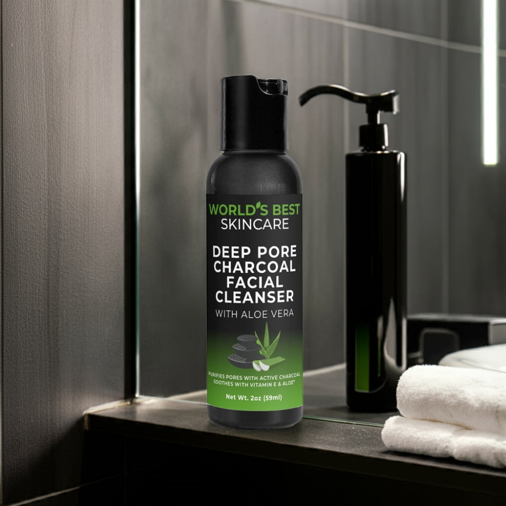 A bottle of activated charcoal face cleanser with Aloe Vera from World's Best Skincare.