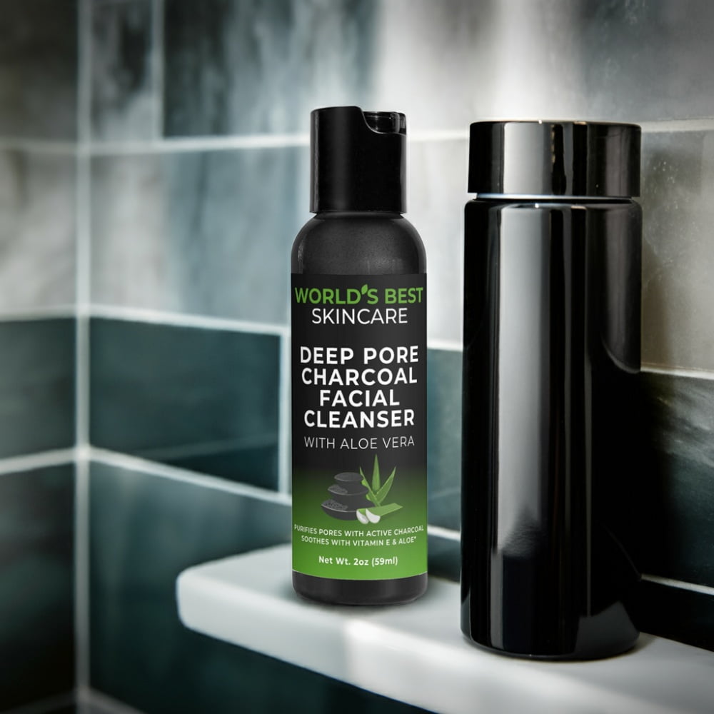 A 2 ounce bottle of Deep Pore Charcoal Facial Cleanser with Aloe Vera from World's Best Supplements' skincare line.