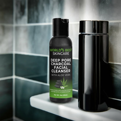 A 2 ounce bottle of Deep Pore Charcoal Facial Cleanser with Aloe Vera from World's Best Supplements' skincare line.