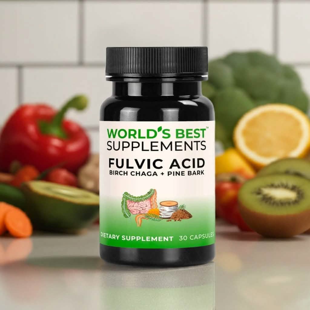 A black bottle of Fulvic Acid and Humic Acid supplement containing 30 Capsules from World's Best Supplements.