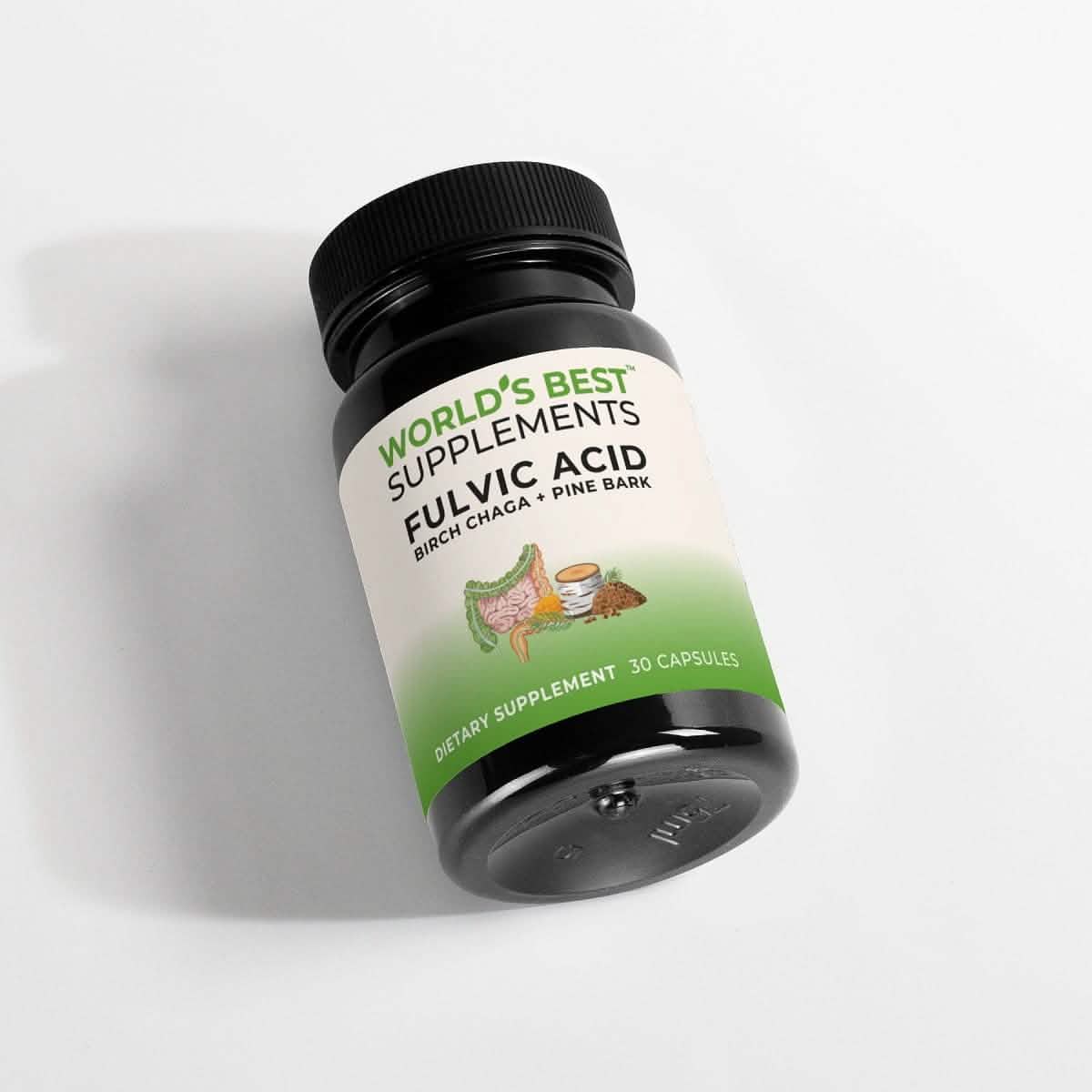 A black bottle of Fulvic Acid Capsules from World's Best Supplements featuring Humic Acid and Fulvic Acid.