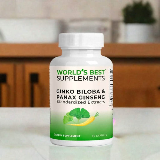 A bottle of World's Best Ginkgo Biloba and Panax Ginseng supplement capsules.