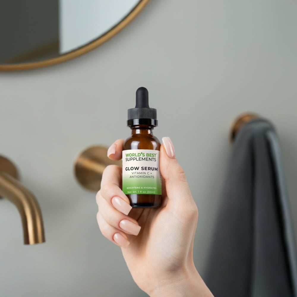 A bottle of Glow Serum from World's Best Supplements, featuring Vitamin C and Caffeine for antioxidant protection.