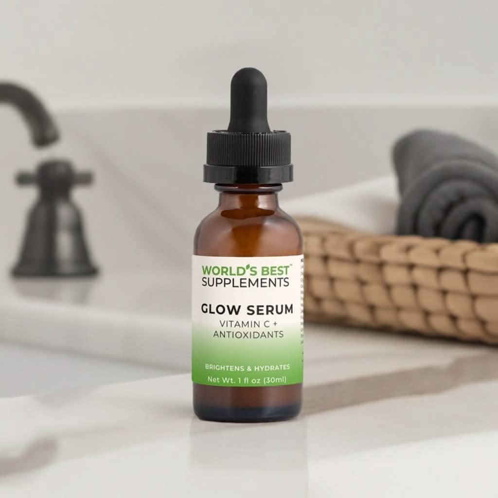 Glow Serum Vitamin C plus Antioxidants in a  oz bottle from World's Best Supplements for boosting skin health.