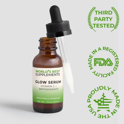 World's Best Supplements Glow Serum Vitamin C and Antioxidants Face Oil. third-party tested and made in the USA in a FDA-registered facility.