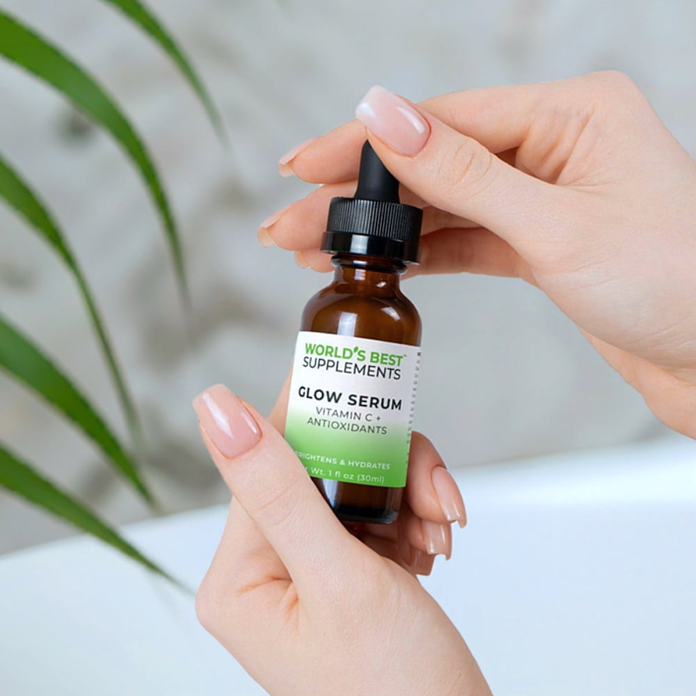 Glow Serum skincare oil with Vitamin C and Caffeine to brighten and hydrate the appearance of skin, by World's Best Supplements.