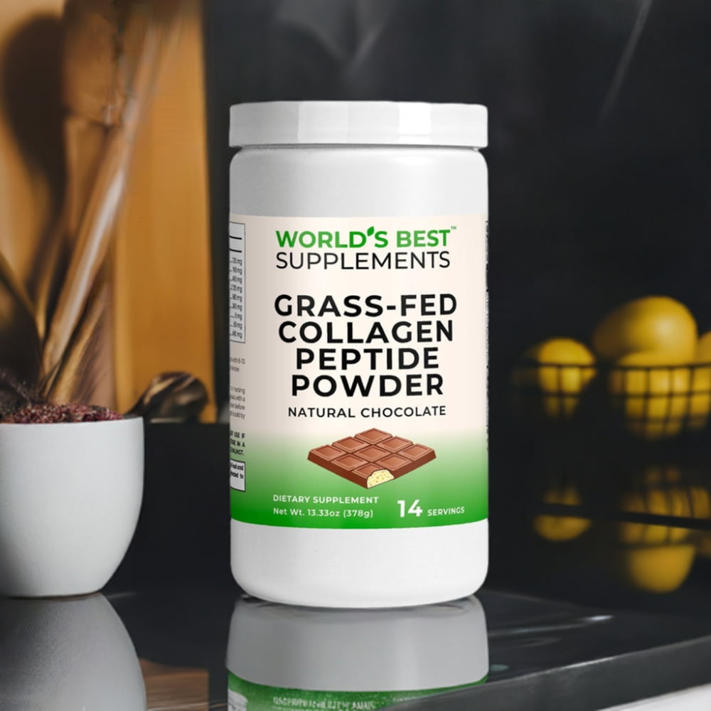 Grass-Fed Collagen Peptide Powder, naturally chocolate flavored with real cocoa, with 14 servings per container from World's Best Supplements.