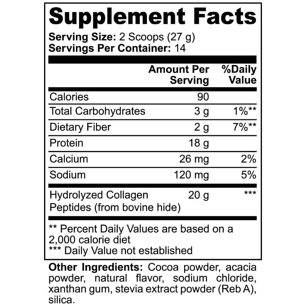 Supplement Facts label for Grass-Fed Collagen Peptide Powder Chocolate flavored by World's Best Supplements.