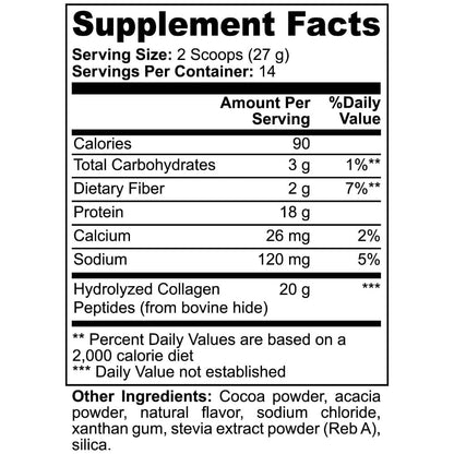 Supplement Facts label for Grass-Fed Collagen Peptide Powder Chocolate flavored by World's Best Supplements.