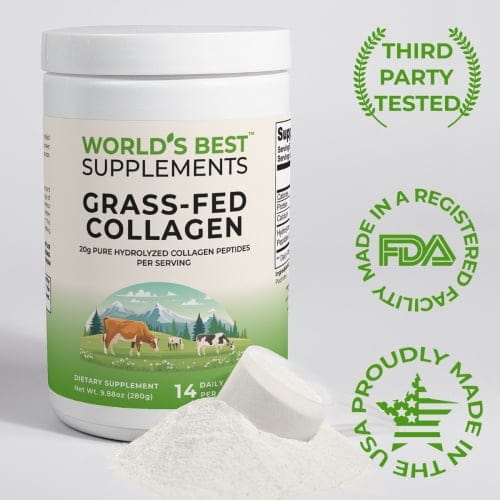 A container and scoop of Grass-Fed Collagen Peptide Powder from World's Best Supplements with the Third-Party tested and FDA facility badges.