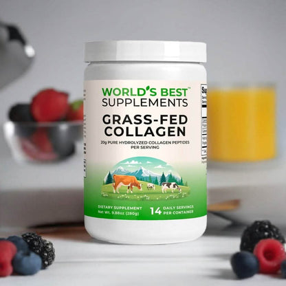 A container of Grass-Fed Hydrolyzed Collagen Peptides from World's Best Supplements.