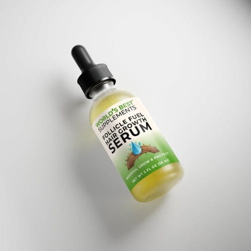 A tilted bottle of World's Best Hair Growth Serum Follicle Fuel.