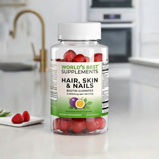 World's Best Supplements Hair, Skin & Nails Biotin Gummies with 6,000 mcg per serving.