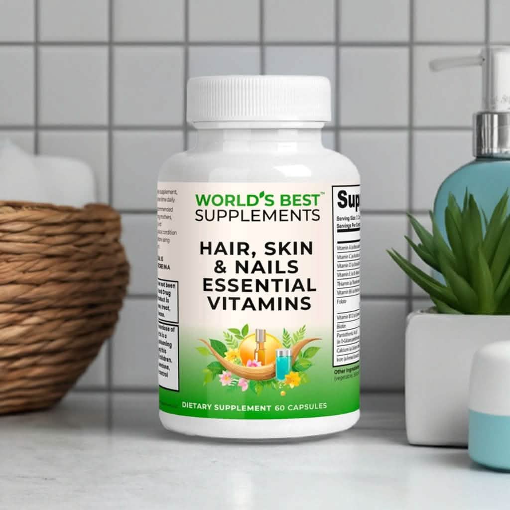A bottle of Hair, Skin & Nails Essential Vitamins containing 60 Capsules for 30 Daily Servings from World's Best Supplements.