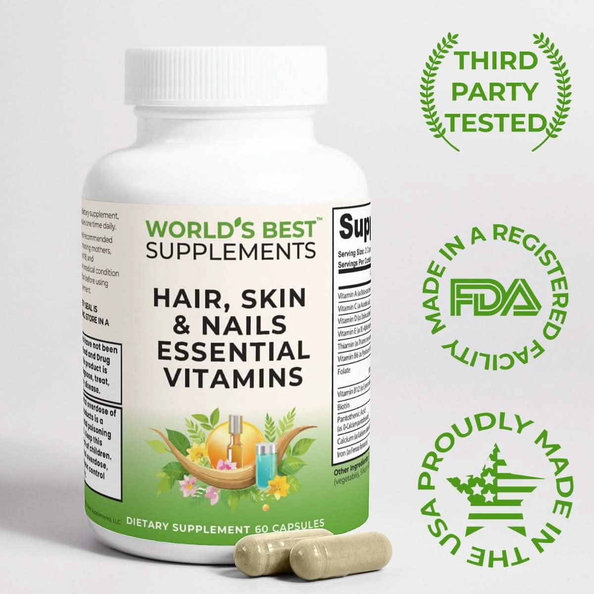 Third-party tested Hair, Skin & Nails supplement made in the USA in a FDA Registered CGMP facility.