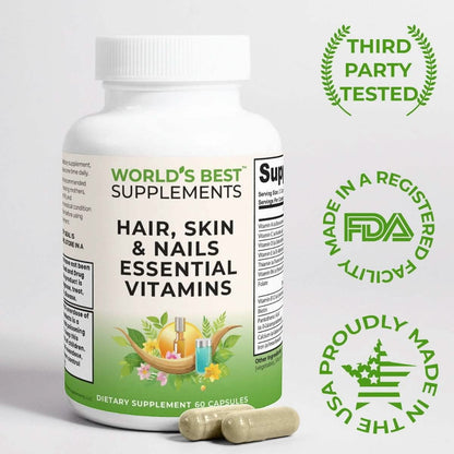 Third-party tested Hair, Skin & Nails supplement made in the USA in a FDA Registered CGMP facility.