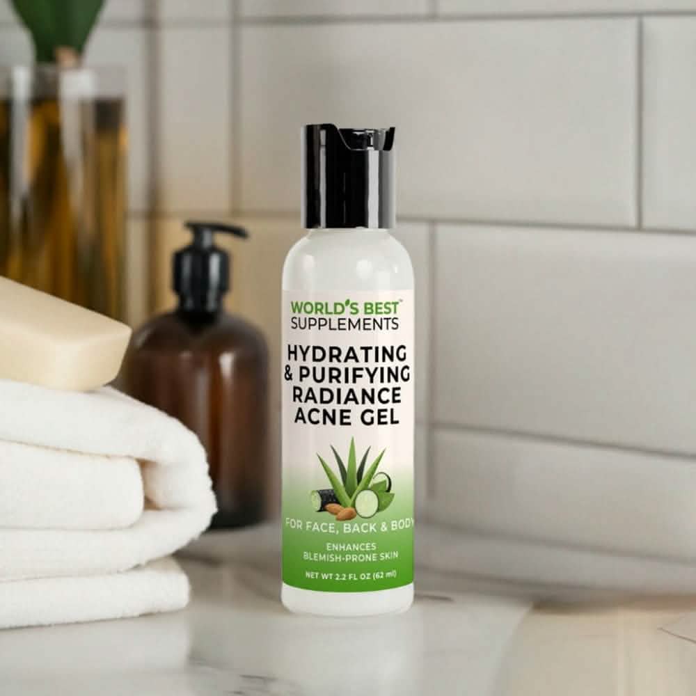 A bottleof Hydrating & Purifying Radiance Acne Gel 2.2oz from World's Best Supplements.