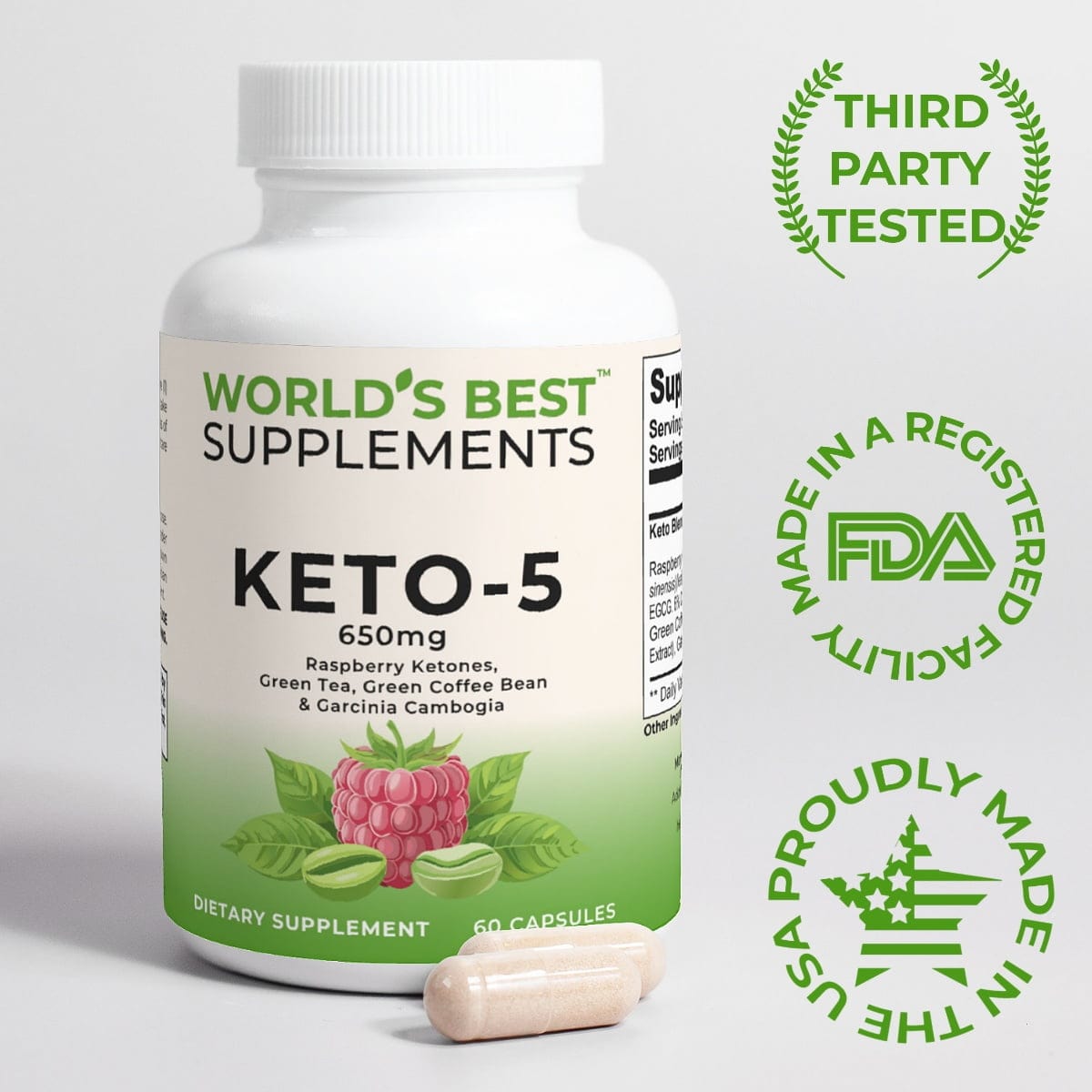 A bottle of Keto-5 weight loss supplement in 650mg Capsules from World's Best Supplements that is third-party tested for purity and potency, in manufactured in the USA in a FDA registered facility using cGMP manufacturing practices.