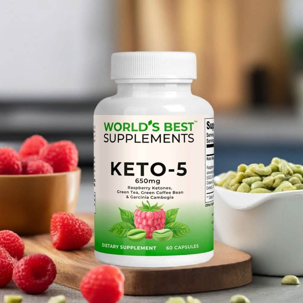 A bottle of Keto-5 650mg per capsule, featuring a blend of Raspberry Ketones, Garcinia Cambogia, Green Tea, Green Coffee Bean and more from World's Best Supplements.
