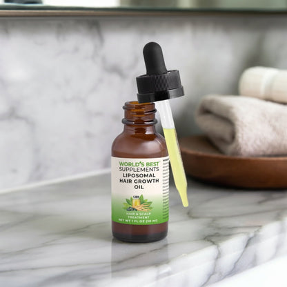 Liposomal Hair Growth Oil Scalp Treatment 1 ounce bottle on a bathroom counter.