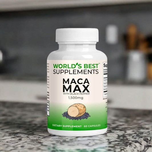 A bottle of World's Best Maca Supplement 1500mg per capsule.
