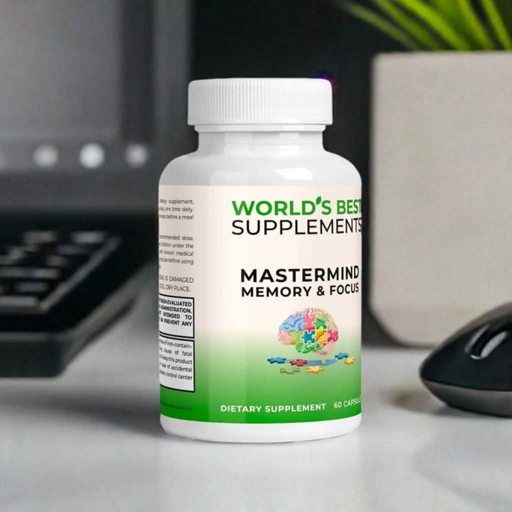 A bottle of Mastermind Memory & Focus dietary supplement containing 60 capsules from World's Best Supplements.