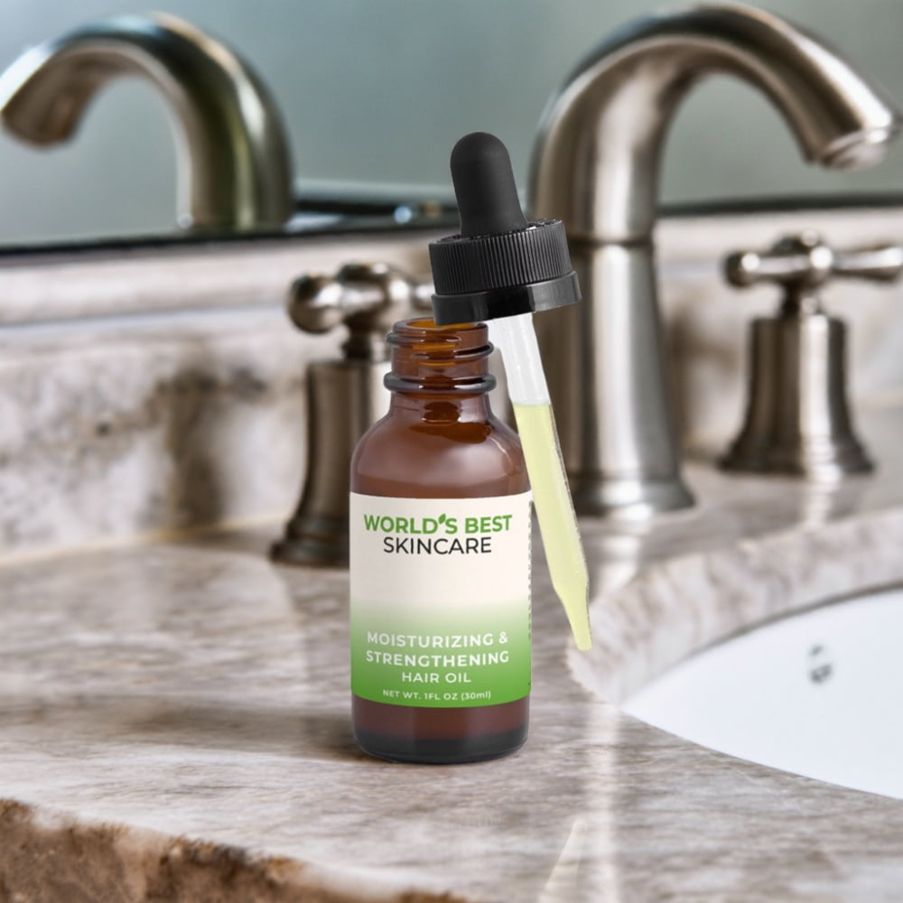 A 1 ounce bottle of Moisturizing & Strengthening Hair Oil from World's Best Supplements.