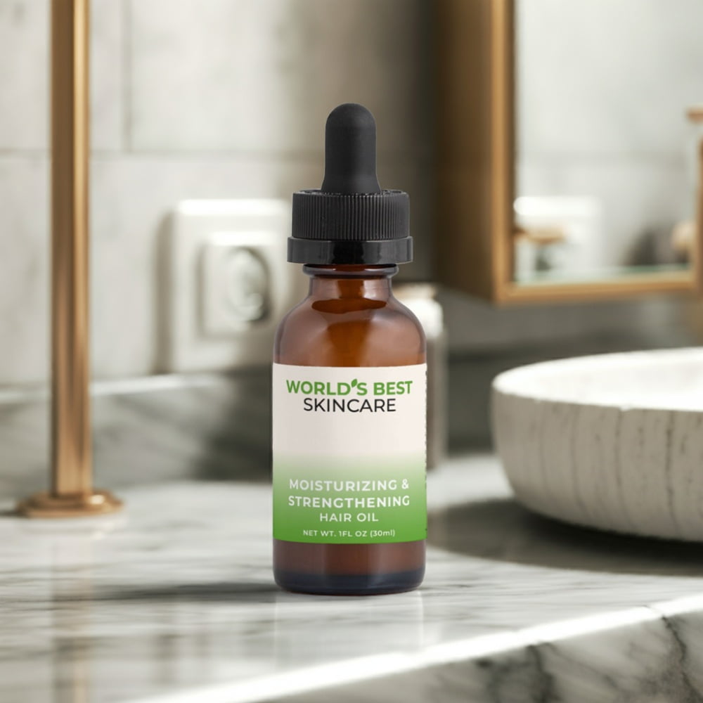 A bottle of Moisturizing & Strengthening Hair Oil from World's Best Supplements featuring Squalane Oil.