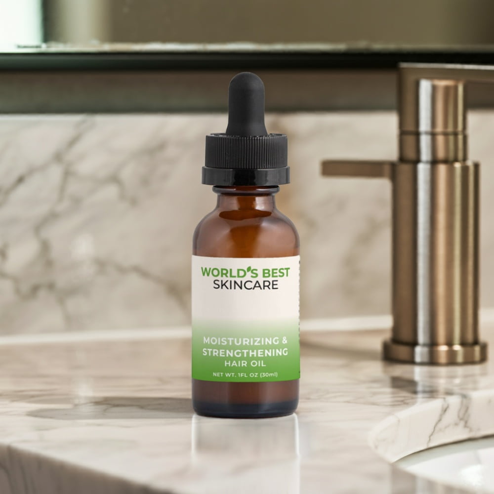 A 1oz bottle of Moisturizing and Strengthening Hair Oil from World's Best Supplements.