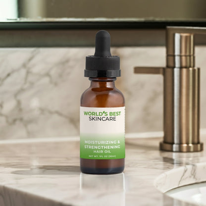 A 1oz bottle of Moisturizing and Strengthening Hair Oil from World's Best Supplements.