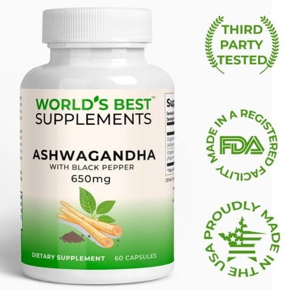 World's Best's Ashwagandha with Black Pepper supplement is third part testes, made in a FDA Registered Facility, and proudly made in the USA.