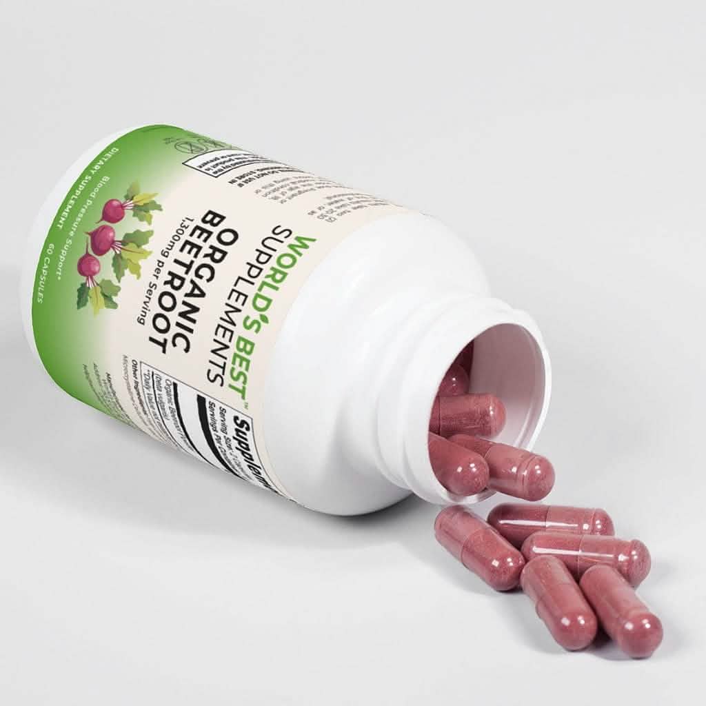 A bottle of Organic Beetroot 1,300mg Capsules from World's Best Supplements with the bottle tipped over and some of the capsules pouring out to show their color.