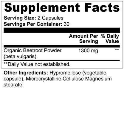 Supplement Facts label for Organic Beetroot Capsules from World's Best Supplements.