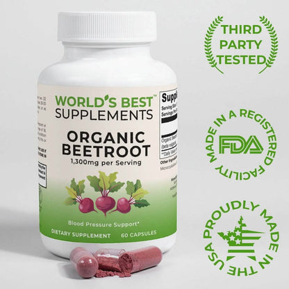 Third-party tested Organic Beet Root Capsules in 1,300mg per serving strength from World's Best Supplements.